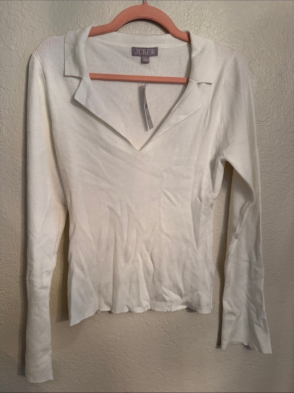 J. Crew Cream Ribbed V-Neck Polo-Style Long Sleeve Top